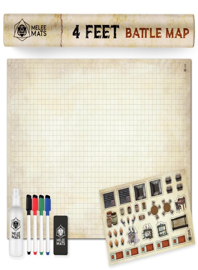 Melee Mats مجموعة خرائط بداية لعبة الاشتباك المباشر DND - 35 بوصة × 48 بوصة، شبكة أرضيات معركة قابلة للمسح الجاف والرطب لألعاب Dungeons and Dragons - تجربة لعب مثالية على الطاولة مع ملحقات - Image 1